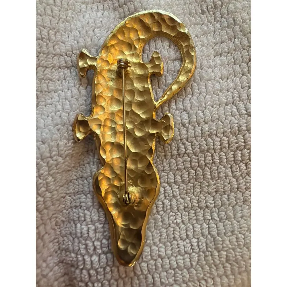 Vintage Hand Hammered Brass Crocodile Brooch Pin Large 4